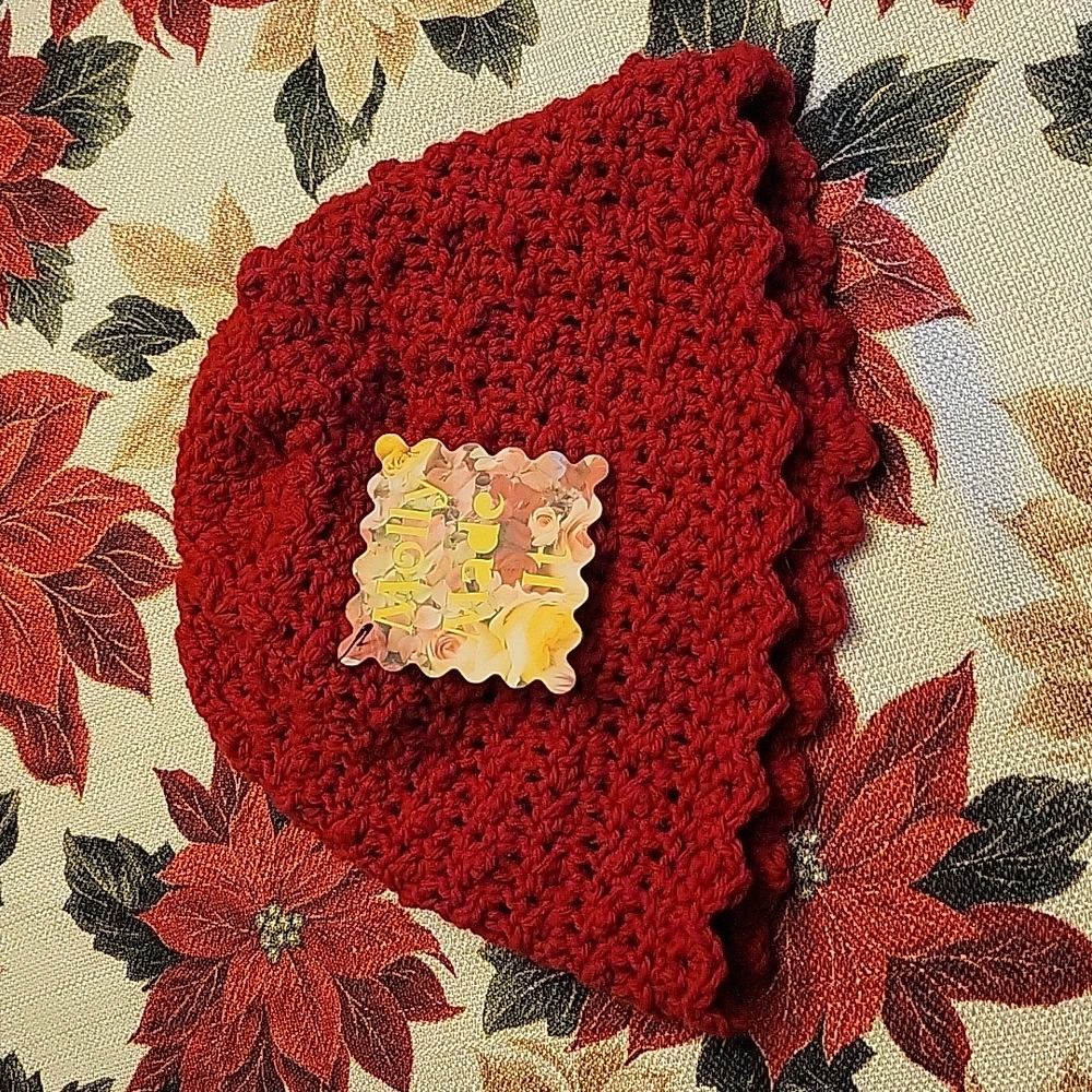 HAND CRAFTED hat Beanie HANDMADE Cranberry Red With Scalloped Trim Crochet